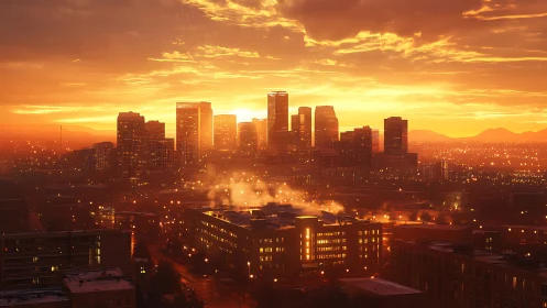 Digital painting skyline at sunset with luminous urban haze.