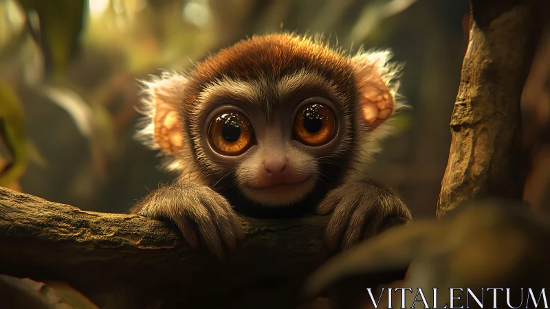 Tiny jungle primate with luminous amber eyes watches quietly.