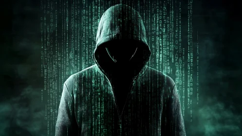 Hooded cybercriminal silhouette amid cascading green code.