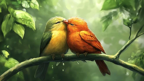 Two Colorful Birds Cuddling on Branch, Digital Painting Style.