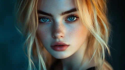 Blonde woman portrait with intense blue eyes and freckles.