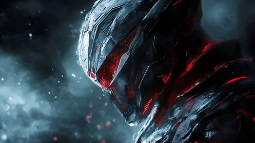 Cybernetic warlord helmet burns with red fractured light.