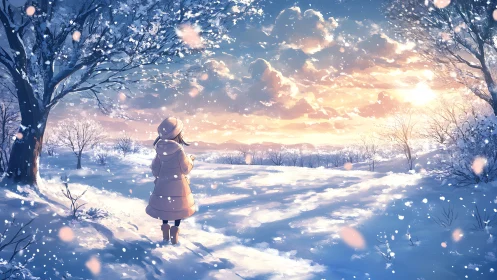 Solitary figure in snow field under winter sunset sky.