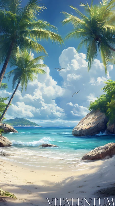 Tropical Paradise Cove: Palms, Turquoise Waves, Blue Sky.
