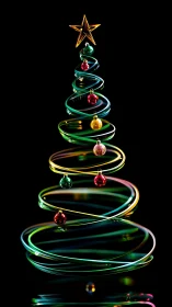 Minimal spiral Christmas tree with glass ornaments on black.