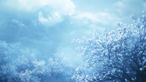 Gentle dawn over misty mountains and frosted blossoms.