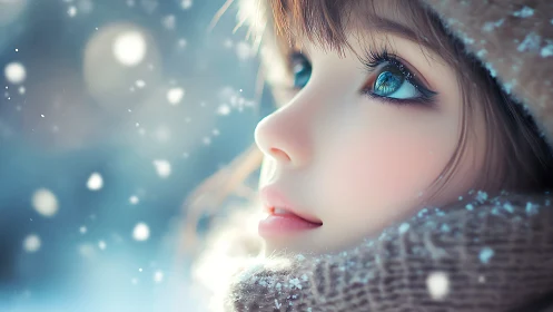 Snowlit anime girl gazes upward with luminous blue eyes.