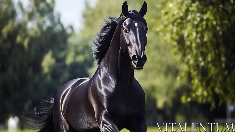 Midnight stallion surges through sunlit emerald meadow.