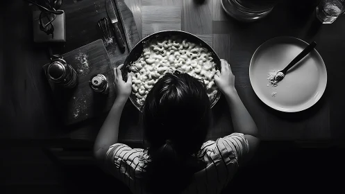 Child leans over bowl of macaroni in moody monochrome light.