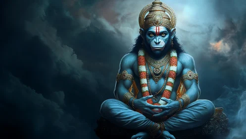 Serene blue deity in meditation under a moody, swirling sky.