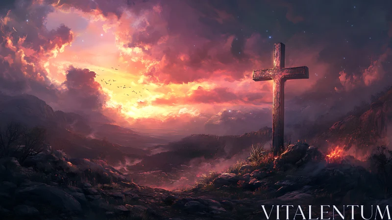 Weathered cross on rocky hill under vivid sunset sky.