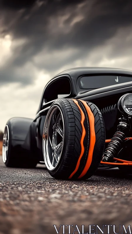 Custom hot rod closeup with bold orange racing tires.