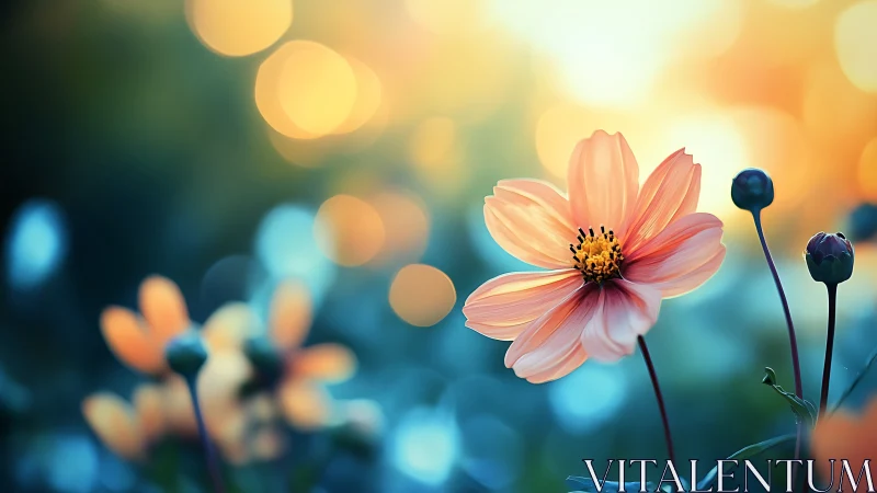 Coral Cosmos: Blossom Dancing in Golden Bokeh Dreams.