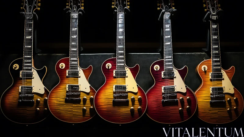 Row of sunburst electric guitars displayed under focused light