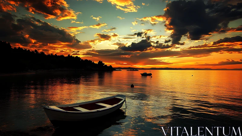 Photorealistic sunset seascape with moored rowboat foreground.