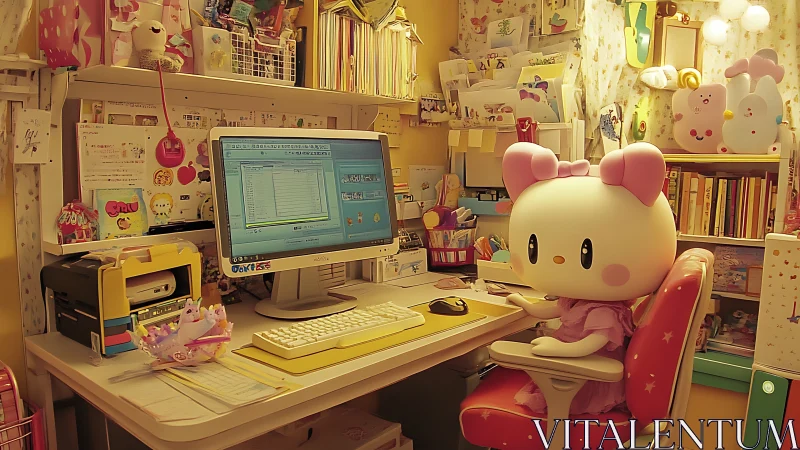 Anthropomorphic mascot at pastel workstation in kawaii studio