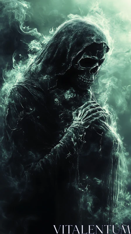 Spectral hooded reaper emerging from turbulent vapor fields.