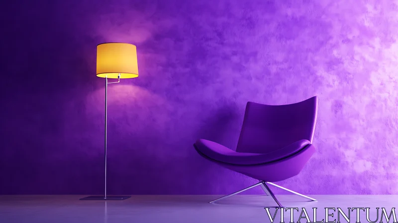 Purple accent chair and floor lamp in minimal interior.