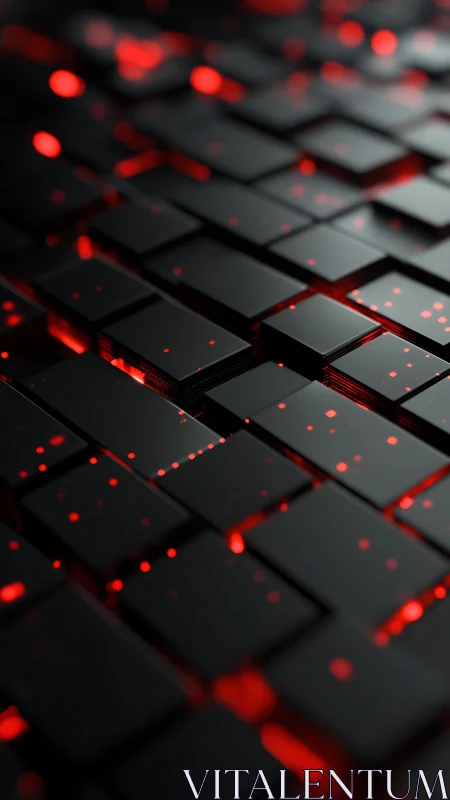 Black rectangular tiles form grid over red illuminated core