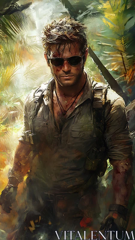 Sunburnt jungle mercenary stalking through painted chaos.