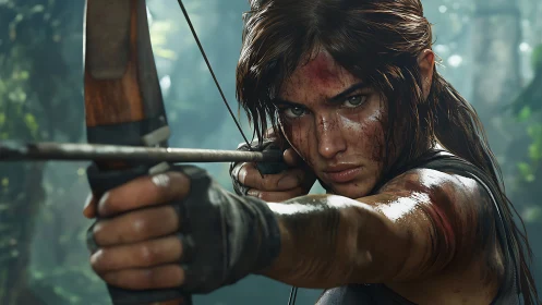 Photorealistic jungle archer close-up with dynamic tension framing.