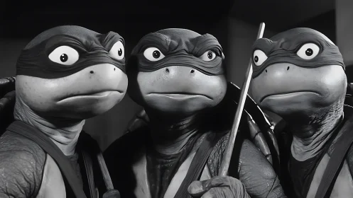 Three masked humanoid turtles stare forward in close-up