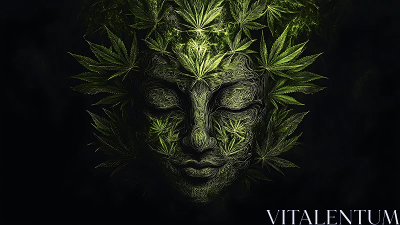 Botanical goddess visage formed from glowing cannabis leaves.