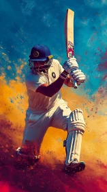 Dynamic cricket batsman in a burst of color and energy.
