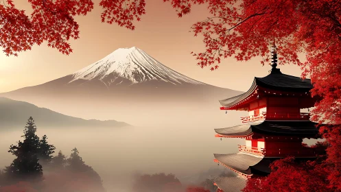 Serene red pagoda and Mount Fuji glowing in soft autumn light.