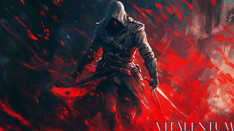 Hooded rogue strides through crimson vortex of digital fire.