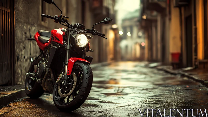 Red naked street motorcycle on wet cobblestone alley at dusk