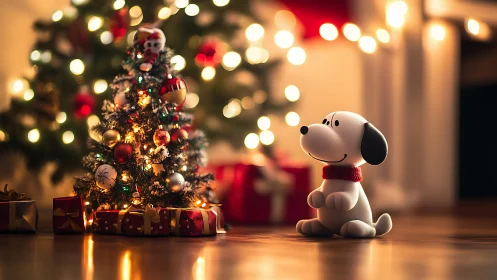 Festive toy dog gazes at glowing Christmas tree lights.