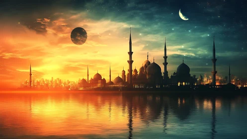 Dual celestial sunset over domed skyline in luminous reflection