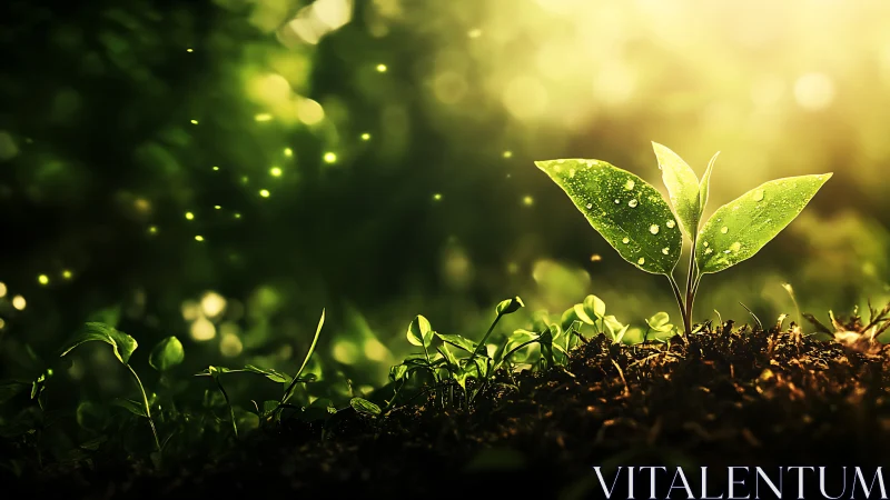 Young Seedling with Dew in Sunlit Forest, Nature Photography.