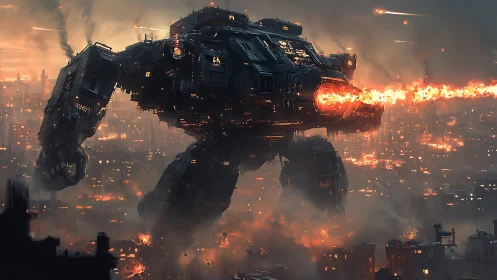 Colossal war mech unleashes incendiary beam over burning megacity