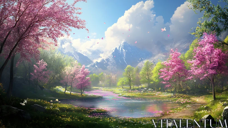 Spring blossoms surround a tranquil mountain lake in bloom.