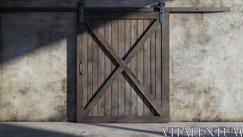 Sliding barn door mounted on concrete wall with weathered finish