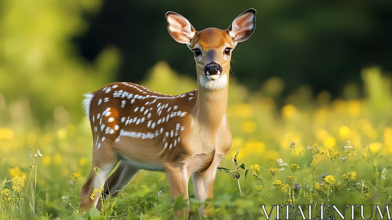 Young spotted fawn standing alert in a yellow meadow field.