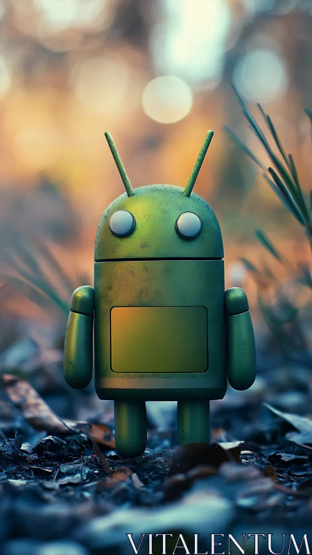 Green forest robot stands amid blurred autumn bokeh.
