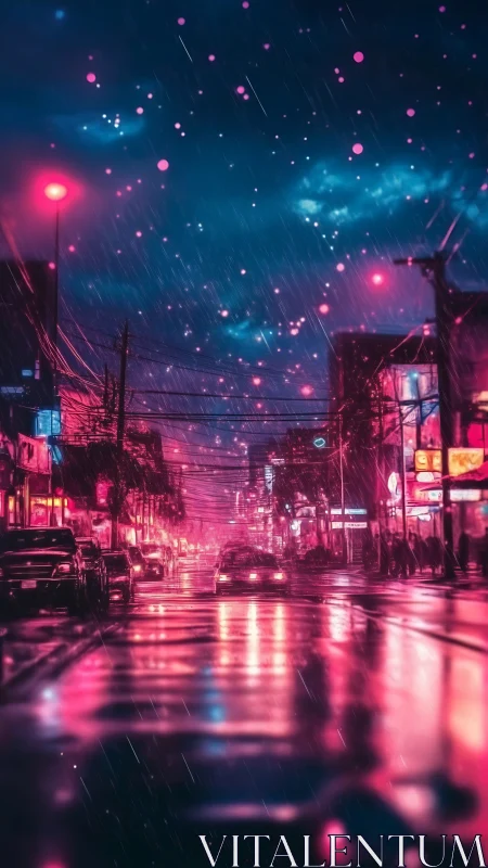 Neon rainstorm drapes a cyber city in electric dreams.