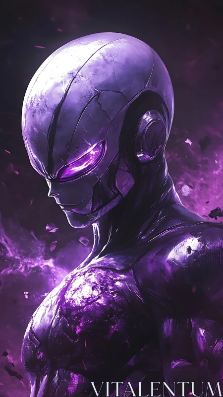Cracked cybernetic alien sentinel radiates volatile purple core