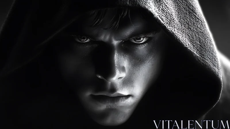 Monochrome close-up of hooded male face in sharp focus.