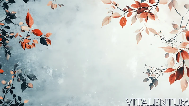 Branches with red-toned leaves frame a pale textured background