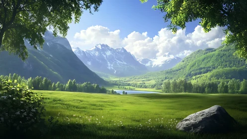 Green valley meadow with lake and distant snow mountains.