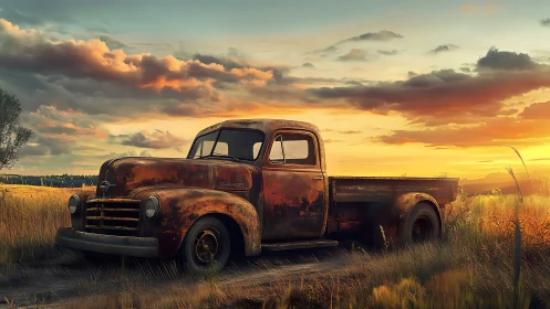 Rusty vintage pickup rests in glowing rural sunset field.