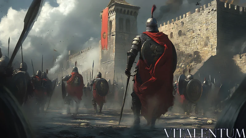 Armored warriors advance through smoke toward a besieged citadel