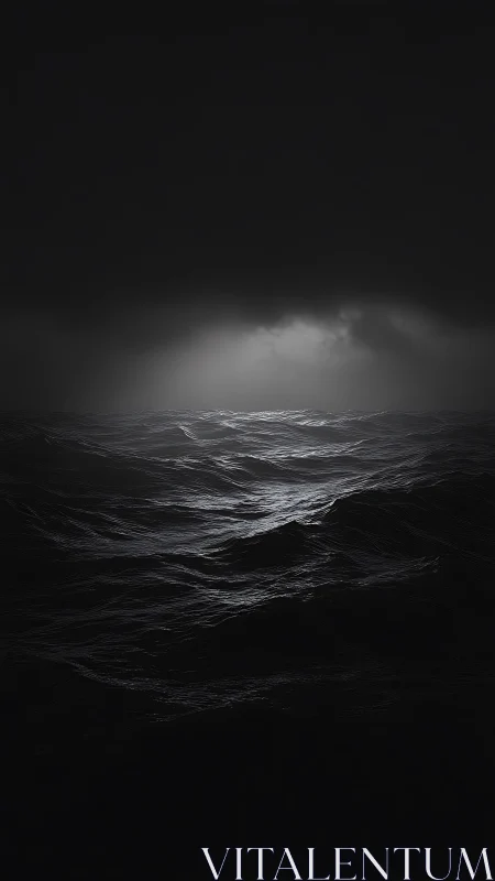 Stormlit ocean swells rise toward a distant break in darkness
