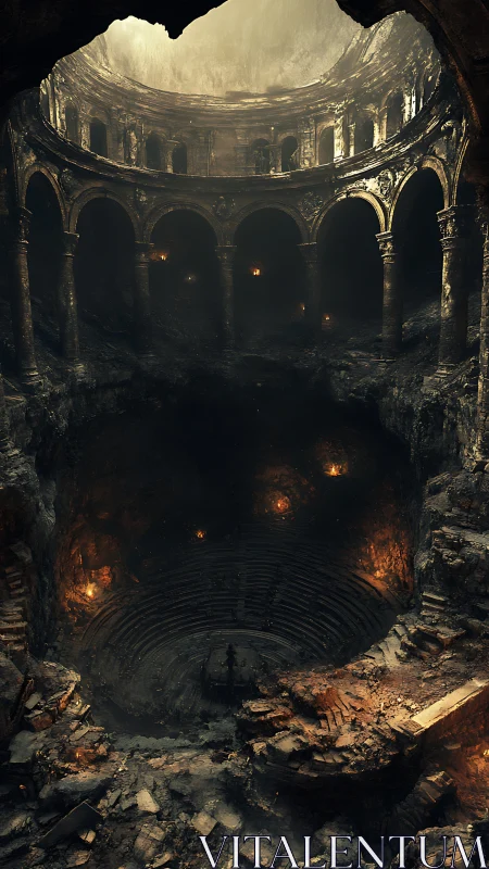 Sunken stone colosseum descends into fiery abyss.