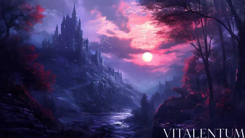 Castle stands over river valley under saturated sunset sky