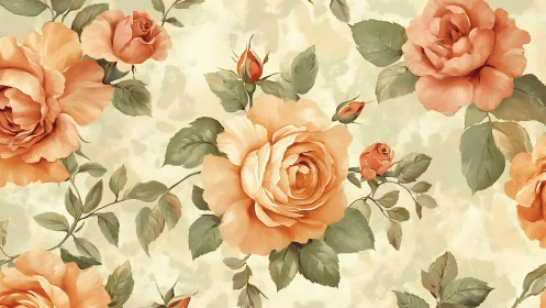 Botanical watercolor study with apricot roses against cream ground.